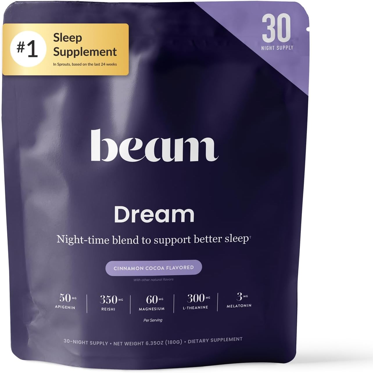 BEAM Dream Sleep Powder - Magnesium Sleep Aid for Adults with Melatonin, L-Theanine, Reishi Mushroom & Apigenin, Sleep Supplement